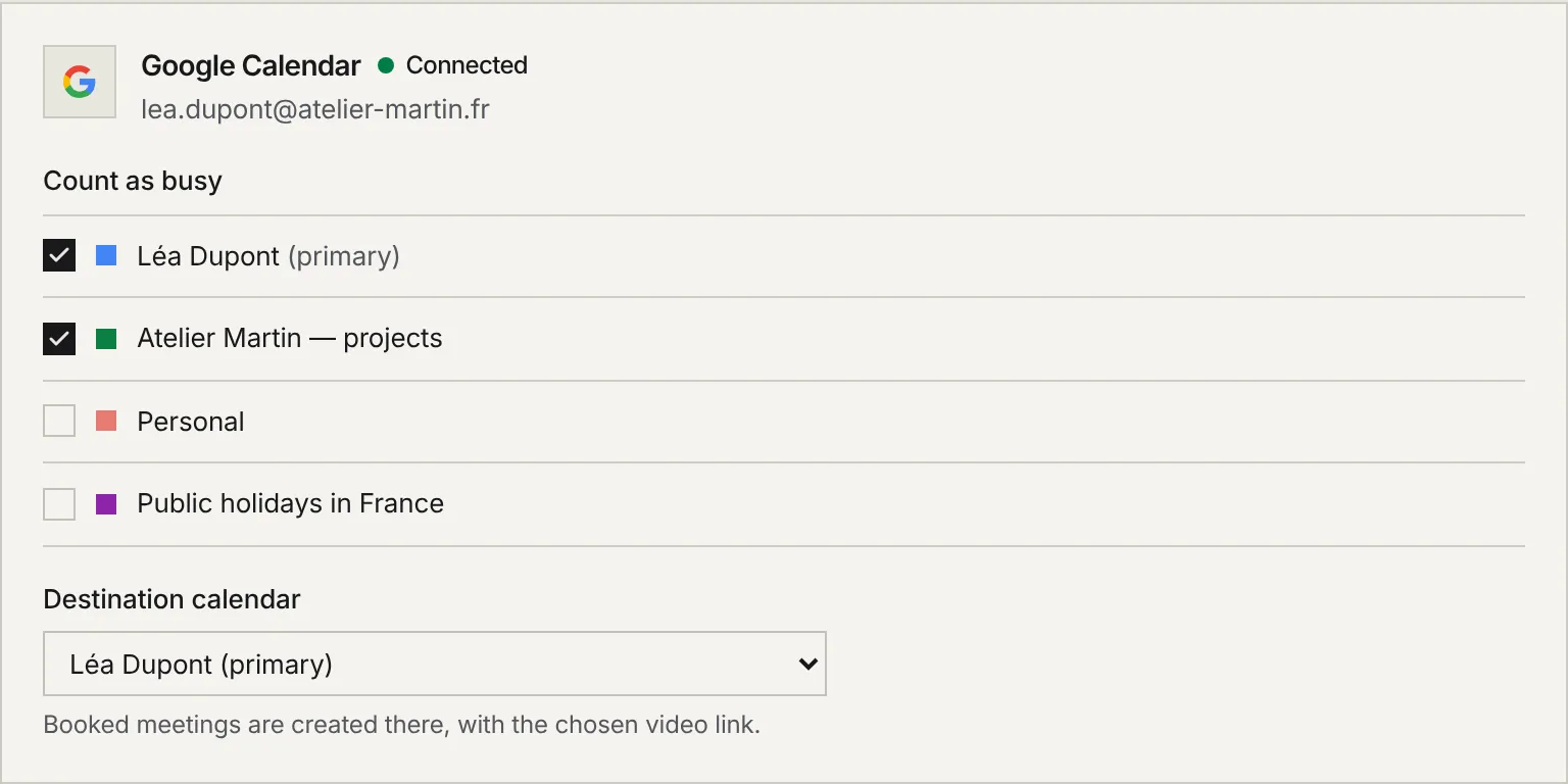 The Calendars page: the connected Google Calendar account, the calendars ticked Count as busy, and the destination calendar.