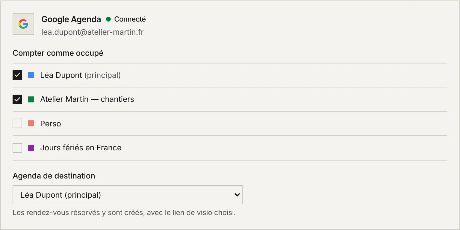 La page Agendas : le compte Google Agenda connecté, les agendas cochés Compter comme occupé, et l'agenda de destination.