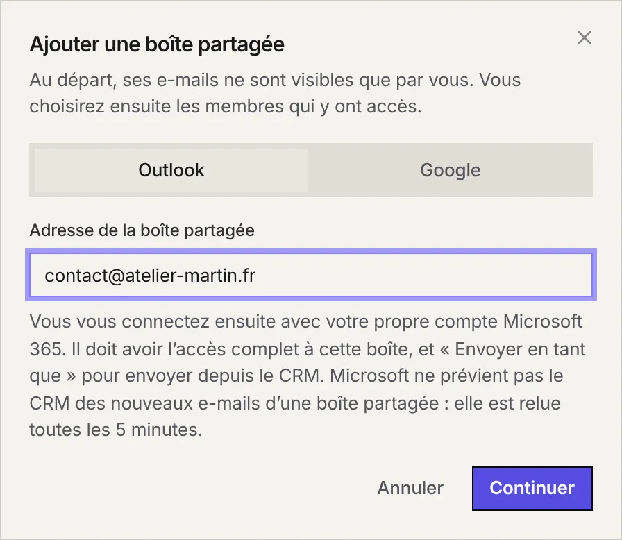La fenêtre Ajouter une boîte partagée : les onglets Outlook et Google, l'adresse contact@atelier-martin.fr et l'explication sur l'accès Microsoft 365.
