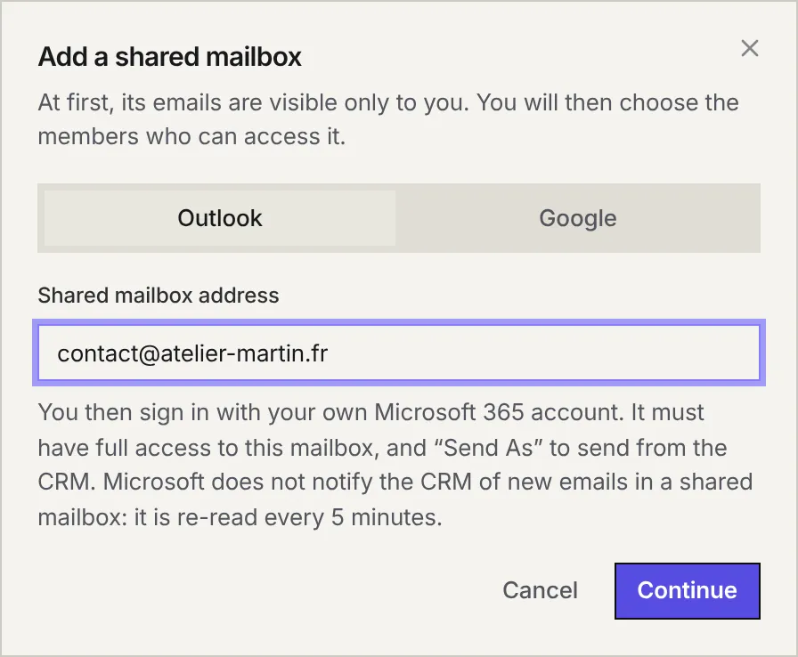 The Add a shared mailbox window: the Outlook and Google tabs, the address contact@atelier-martin.fr and the note about Microsoft 365 access.