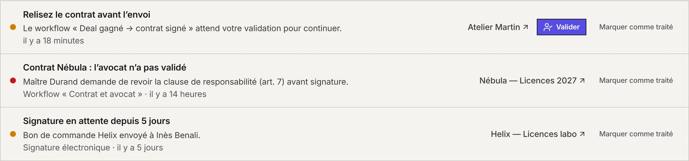 Trois alertes : un contrat à relire avant envoi avec le bouton Valider, un contrat refusé par l'avocat, une signature en attente depuis 5 jours.