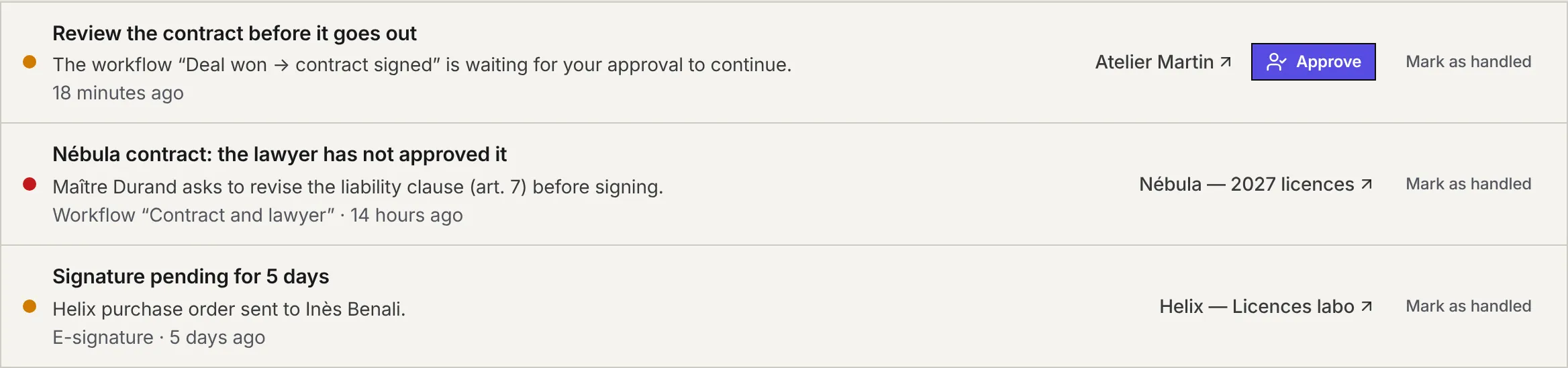 Three alerts: a contract to review before it goes out with the Approve button, a contract the lawyer has not approved, a signature pending for 5 days.