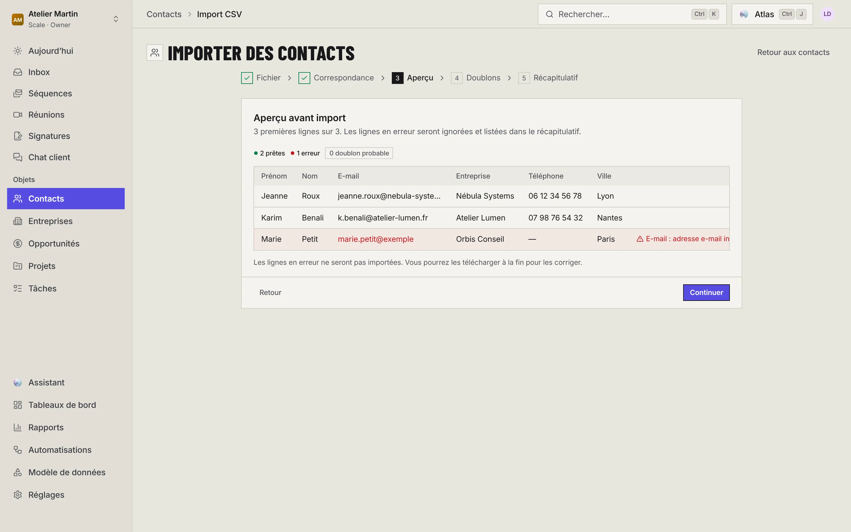 L'étape Aperçu : les premières lignes telles qu'elles seront importées, avec les lignes prêtes, les erreurs et les entreprises à créer.