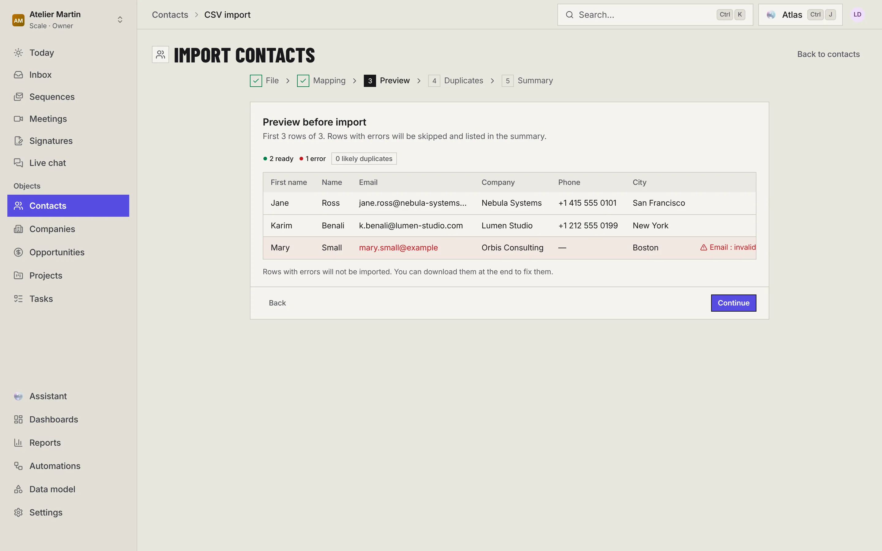 The Preview step: the first rows as they will be imported, with ready rows, errors and companies to create.