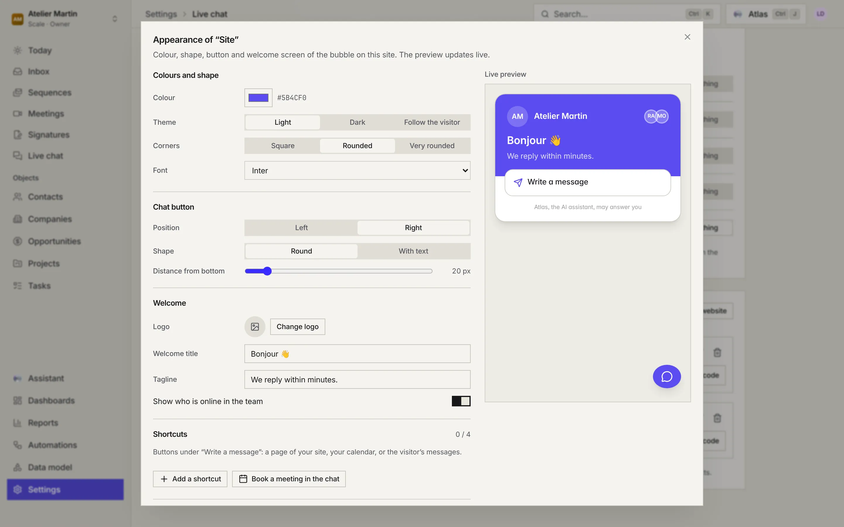 The website's Appearance window: colour, theme, corners and font, position and shape of the button, logo, welcome title and tagline, shortcuts, and the live preview of the bubble on the right.
