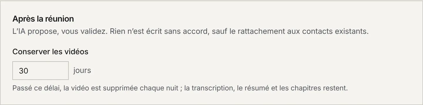 Le cadre Après la réunion avec le champ Conserver les vidéos, en jours.