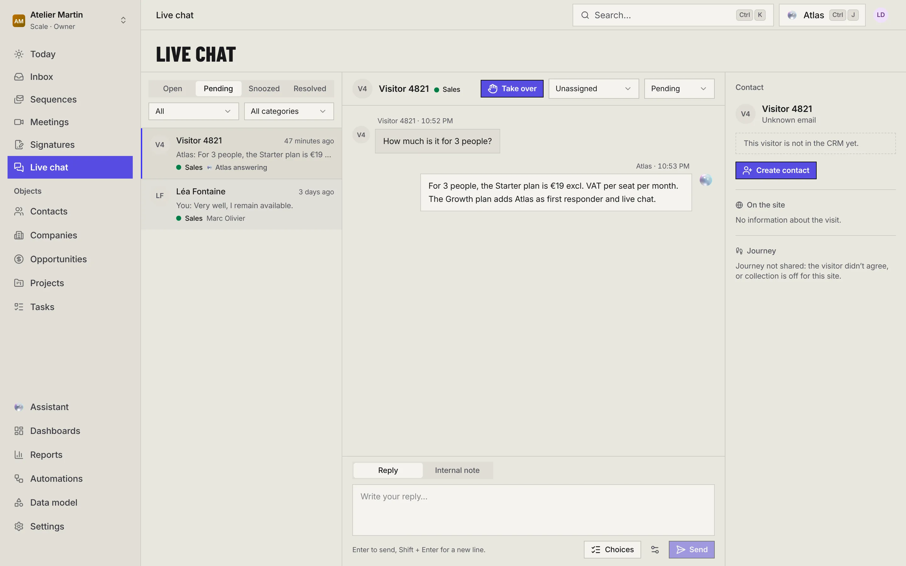 A pending conversation with Visitor 4821, which Atlas answered: the Take over button, the unassigned conversation, and the visitor column with the Create contact button.