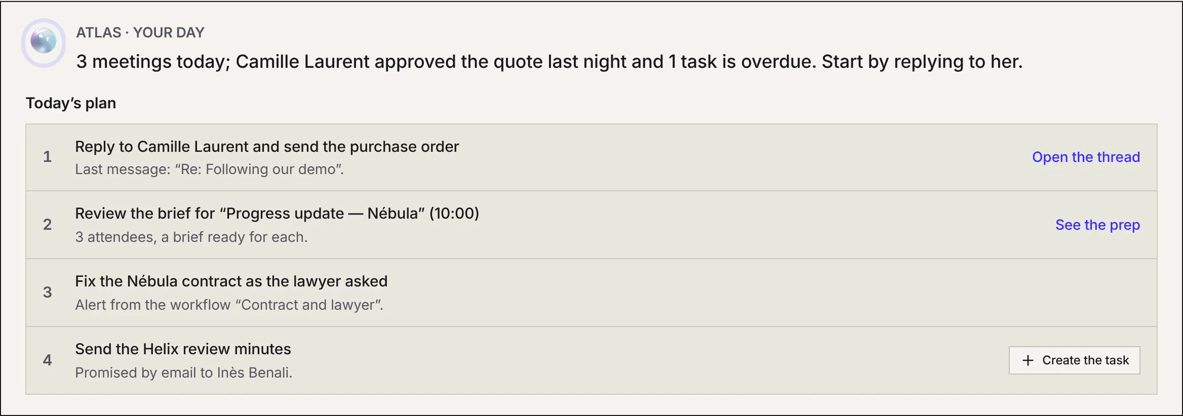 The “Atlas · Your day” frame with a summary sentence and today's numbered plan.