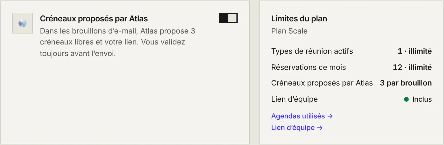 La carte Créneaux proposés par Atlas avec son interrupteur, et la carte Limites du plan : types actifs, réservations du mois, créneaux par brouillon, lien d'équipe, et les liens Agendas utilisés et Lien d'équipe.