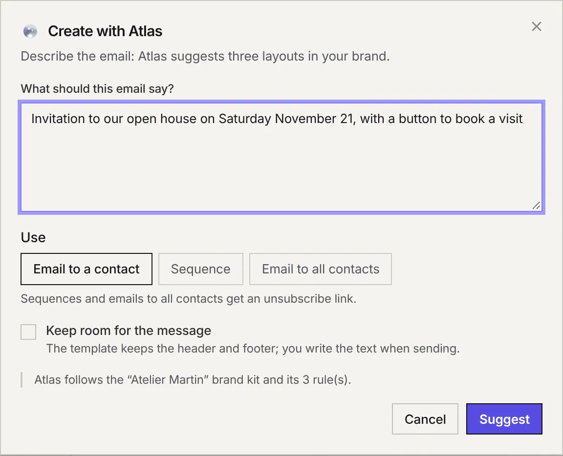 The Create with Atlas window: the description of the email, the use Email to a contact, Sequence or Email to all contacts, the Keep room for the message box and the Suggest button.