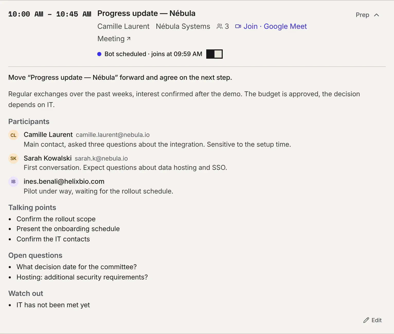 The Progress update — Nébula meeting unfolded: the objective, the context, a note per participant, the talking points, the open questions, watch out and the Edit button.
