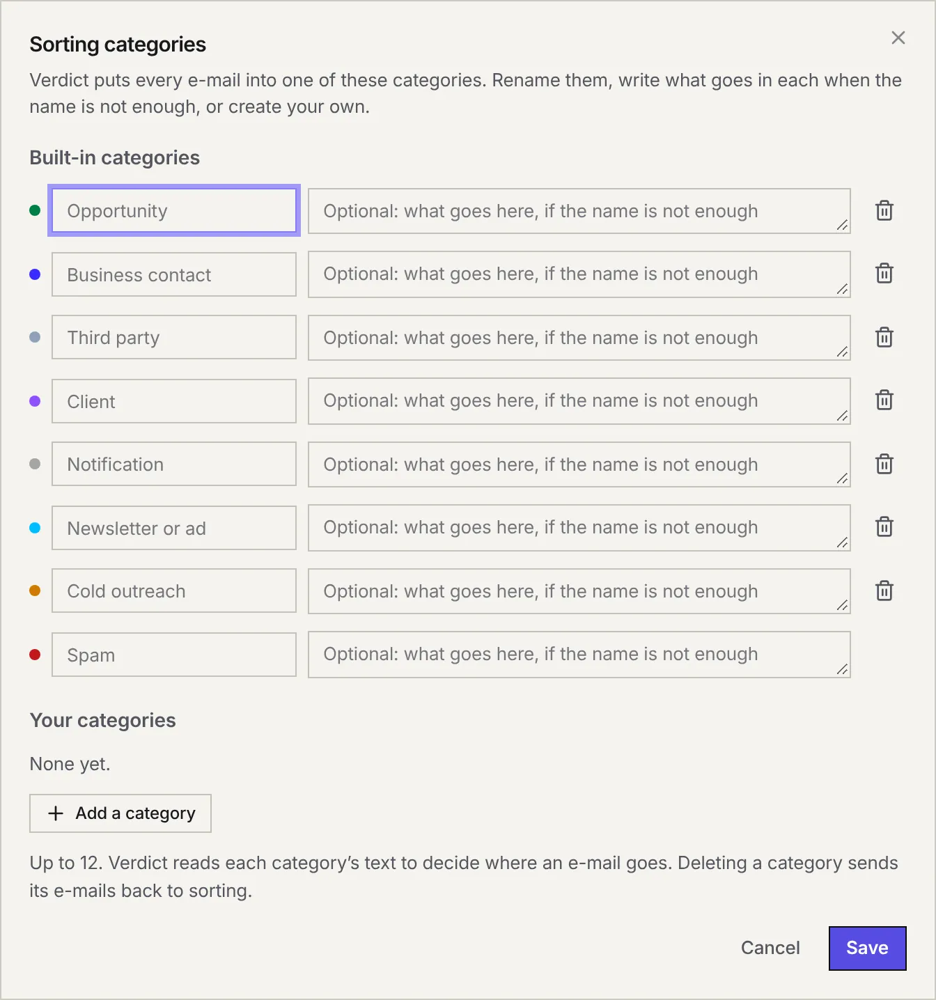 The Sorting categories window: built-in categories with their name and description, then Your categories and the Add a category button.