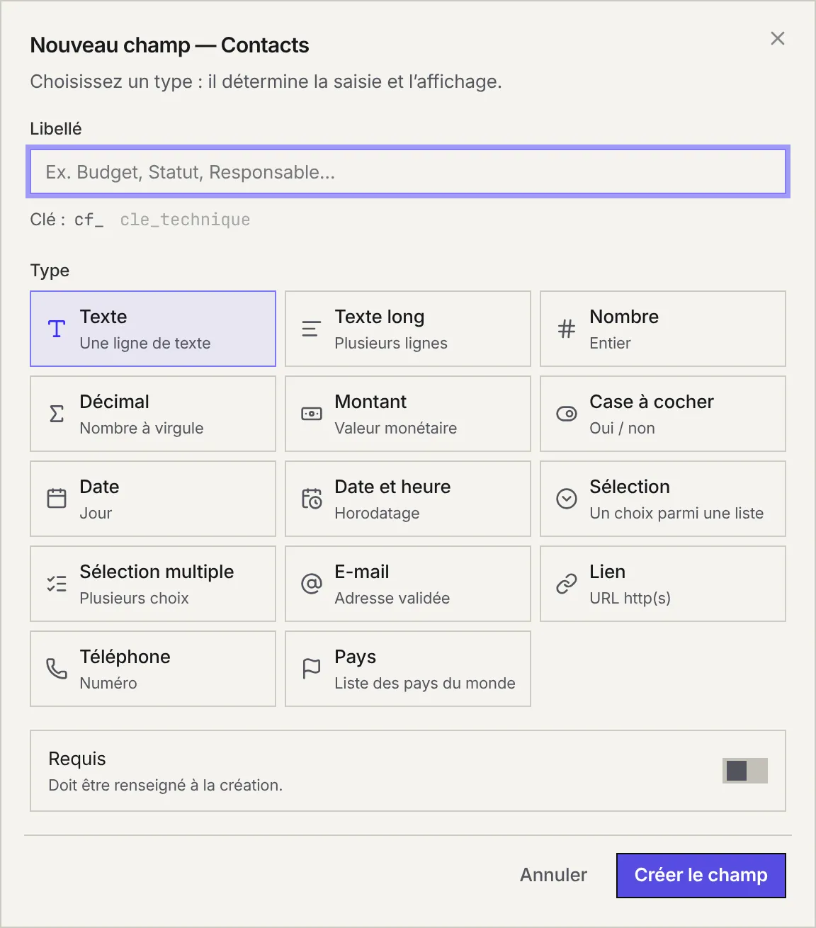 La fenêtre Nouveau champ : le libellé, la clé technique qui commence par cf_, les quatorze types de champ et l'interrupteur Requis.