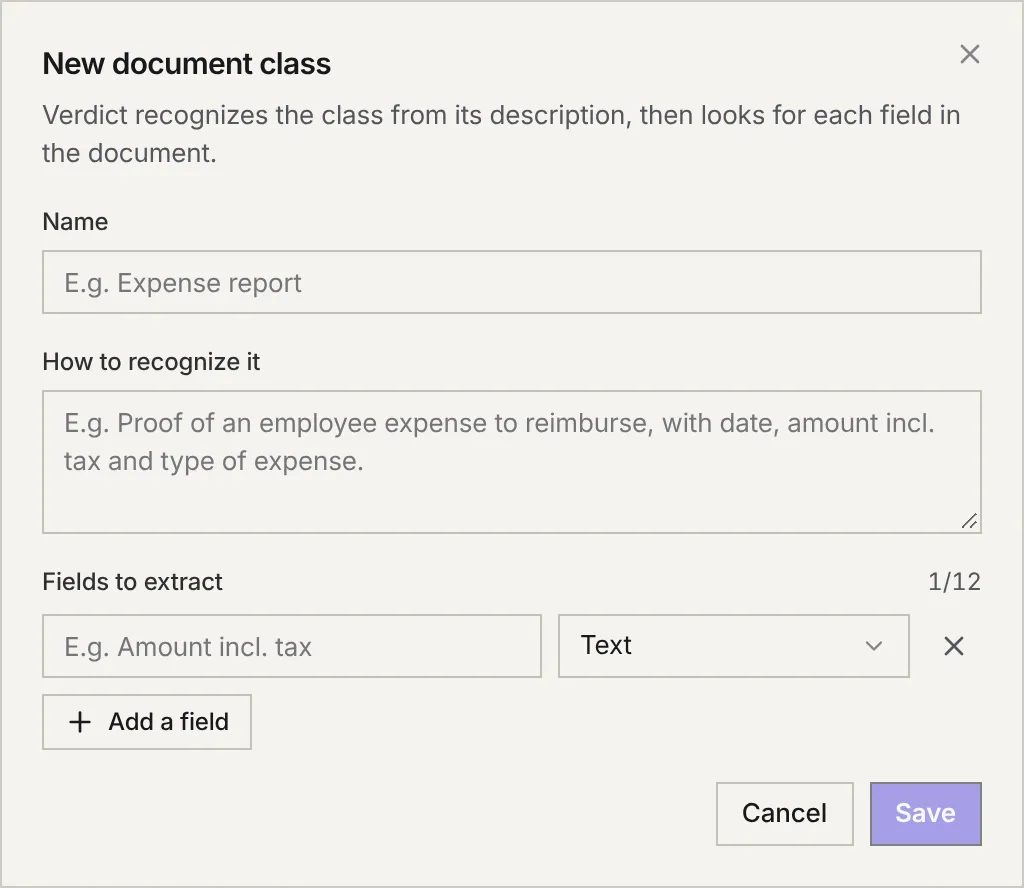 The New document class window: Name, How to recognize it, Fields to extract with one field and its type, Add a field, Cancel and Save.
