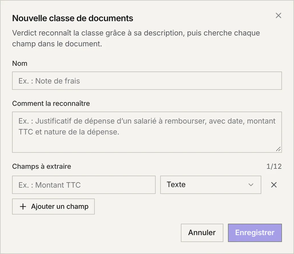 La fenêtre Nouvelle classe de documents : Nom, Comment la reconnaître, Champs à extraire avec un champ et son type, Ajouter un champ, Annuler et Enregistrer.