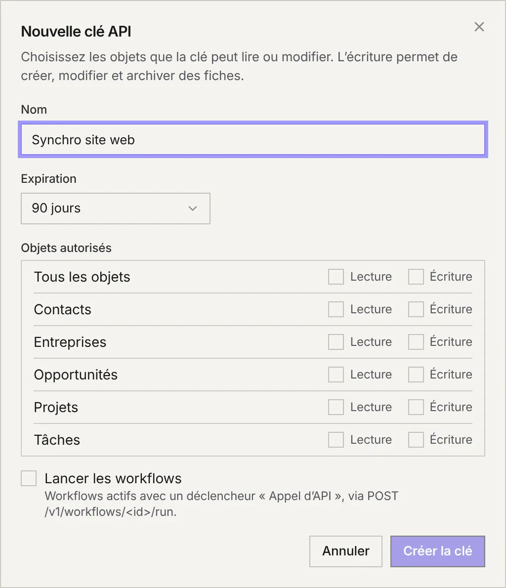 La fenêtre Nouvelle clé API : le nom, l'expiration, les objets autorisés en lecture ou en écriture, et la case Lancer les workflows.