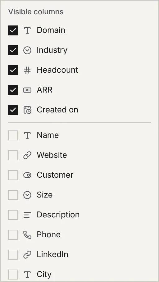The Visible columns menu: a checkbox per field, arrows to change the order, and Default columns.
