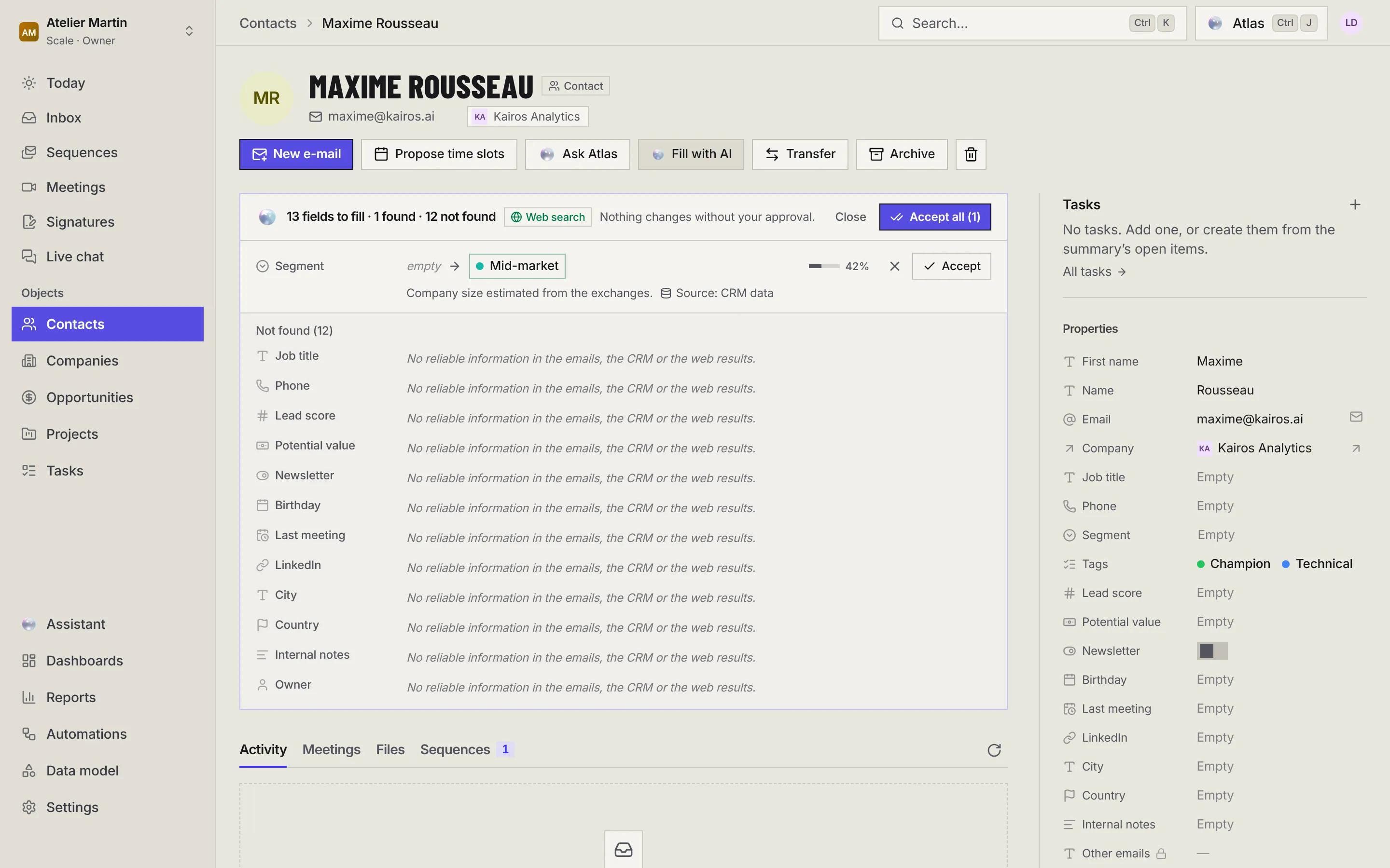 Fill with AI on Maxime Rousseau's record: 13 fields to fill, 1 found, 12 not found. Segment goes from empty to Mid-market with 42% confidence and its source, the Accept and Accept all buttons, and the list of fields not found.