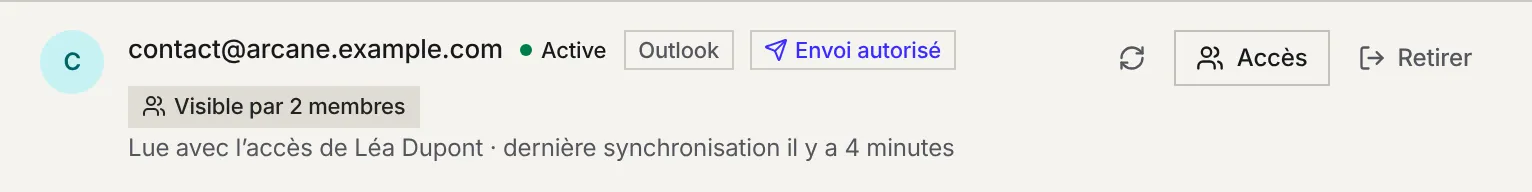 Un compte Google connecté : adresse, pastille Actif, badge Envoi autorisé, dernière synchronisation, interrupteurs Garder les pièces jointes et Email AI Filtering.