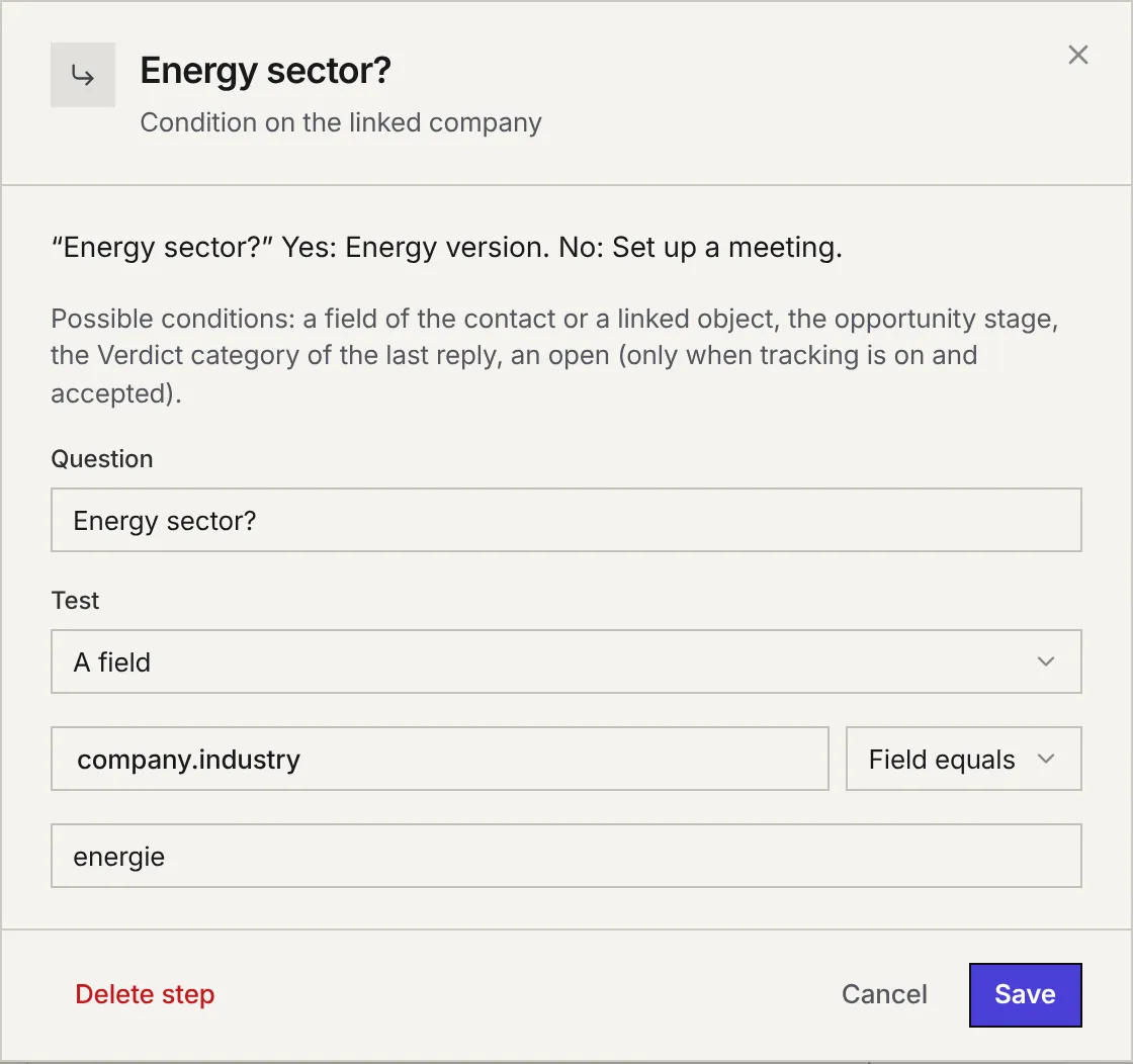 The Energy sector? condition: the summary of both branches, the question, the A field test type, the company.industry field, the operator and the value.