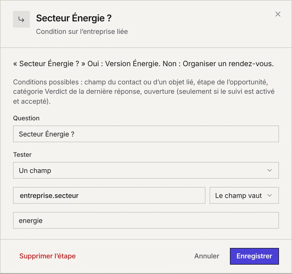 La condition Secteur Énergie ? : le résumé des deux branches, la question, le type de test Un champ, le champ company.industry, l'opérateur et la valeur.