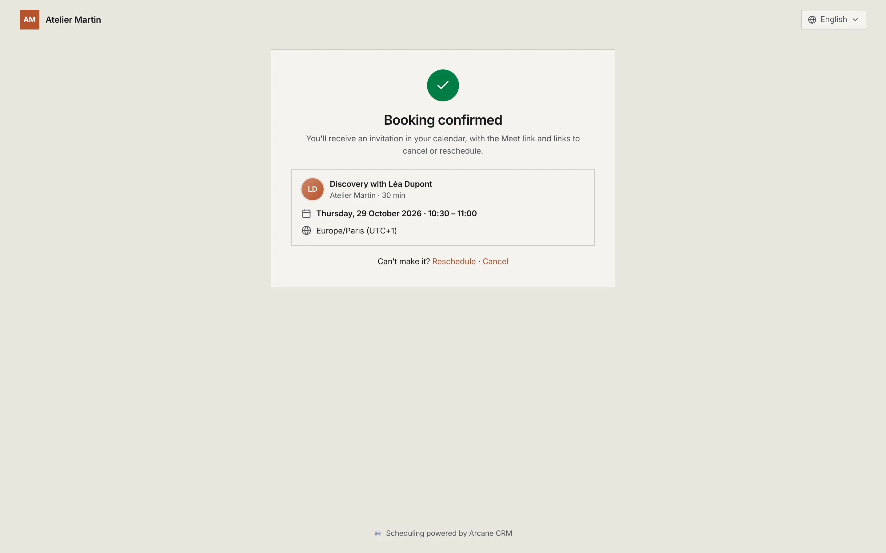 The Booking confirmed screen: the type, the date and time, the time zone, and the Reschedule and Cancel links.