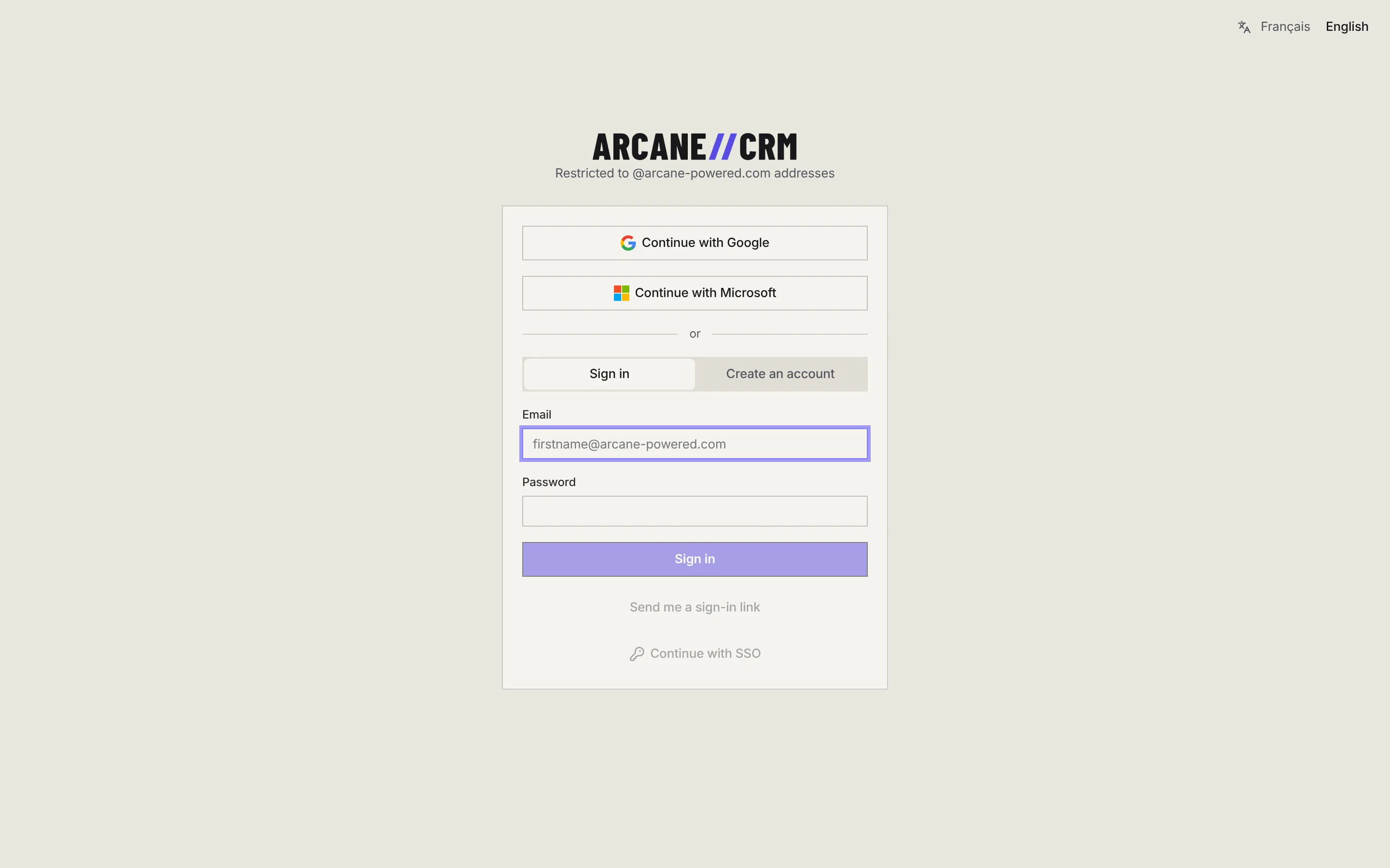The Arcane CRM sign-in screen with the Google and Microsoft buttons, the Sign in and Create an account tabs, the e-mail sign-in link and SSO.