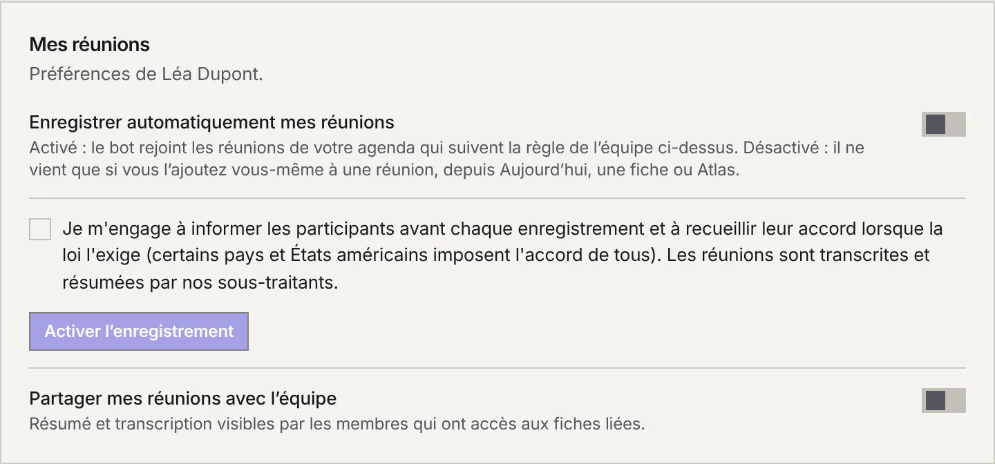 Le cadre Mes réunions : l'interrupteur Enregistrer automatiquement mes réunions, la case d'engagement à cocher, le bouton Activer l'enregistrement, puis Partager mes réunions avec l'équipe.