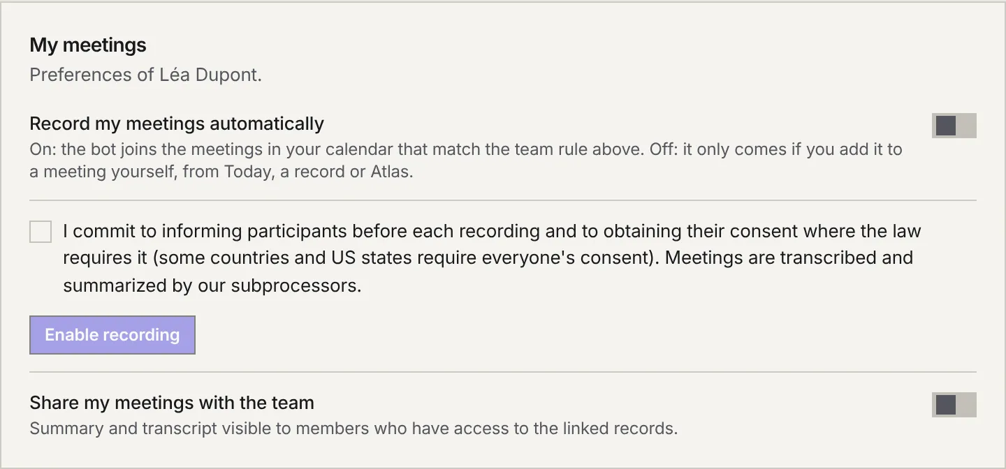 The My meetings block: the Record my meetings automatically switch, the commitment checkbox, the Enable recording button, then Share my meetings with the team.