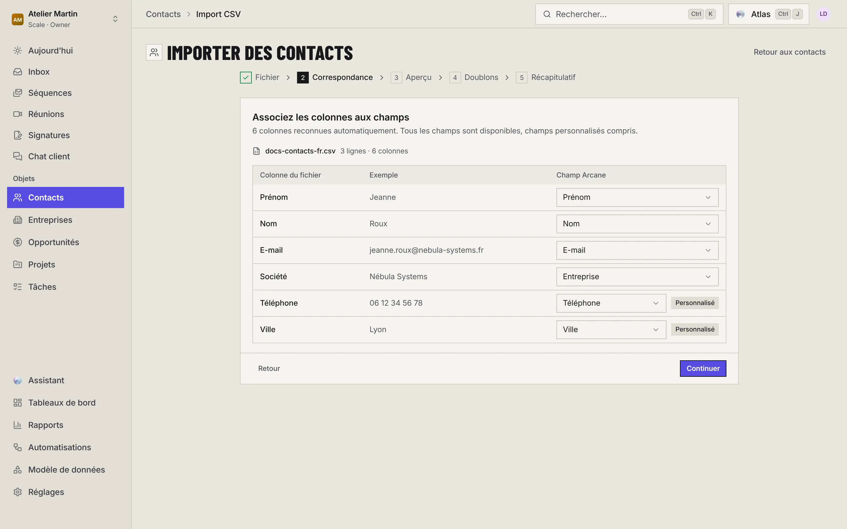 L'étape Correspondance : chaque colonne du fichier, un exemple de valeur et le champ Arcane choisi, dont deux champs personnalisés.