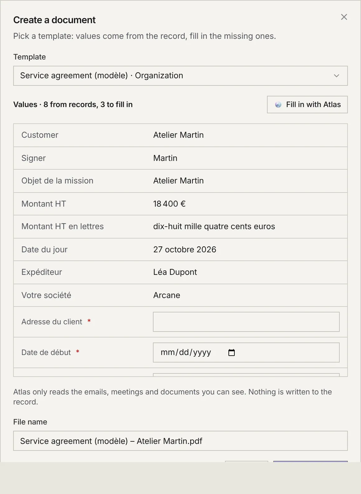 The Create a document window: the chosen template, the values from the record, the fields to fill in, the Fill in with Atlas button and the file name.