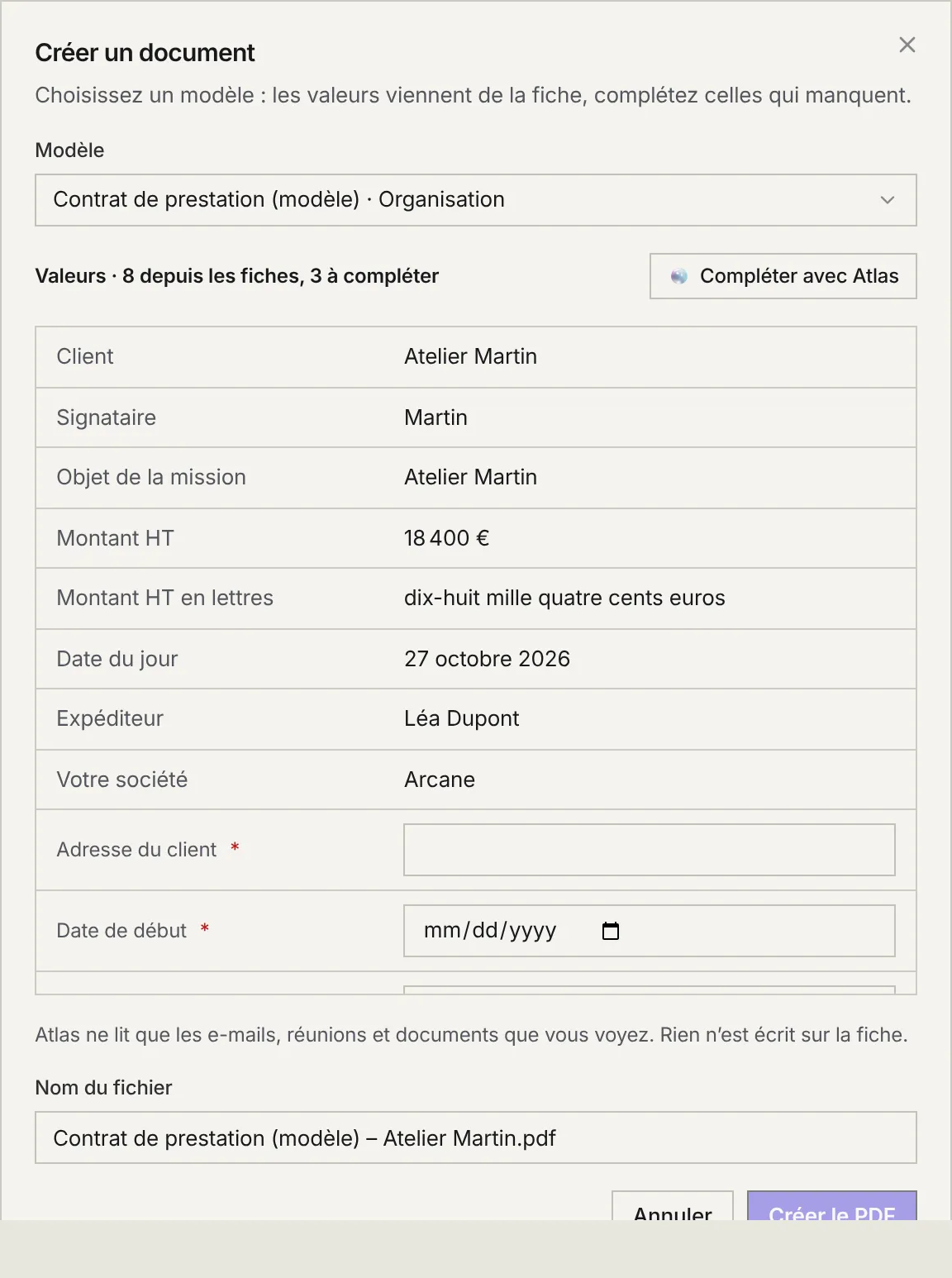 La fenêtre Créer un document : le modèle choisi, les valeurs venues de la fiche, les champs à compléter, le bouton Compléter avec Atlas et le nom du fichier.