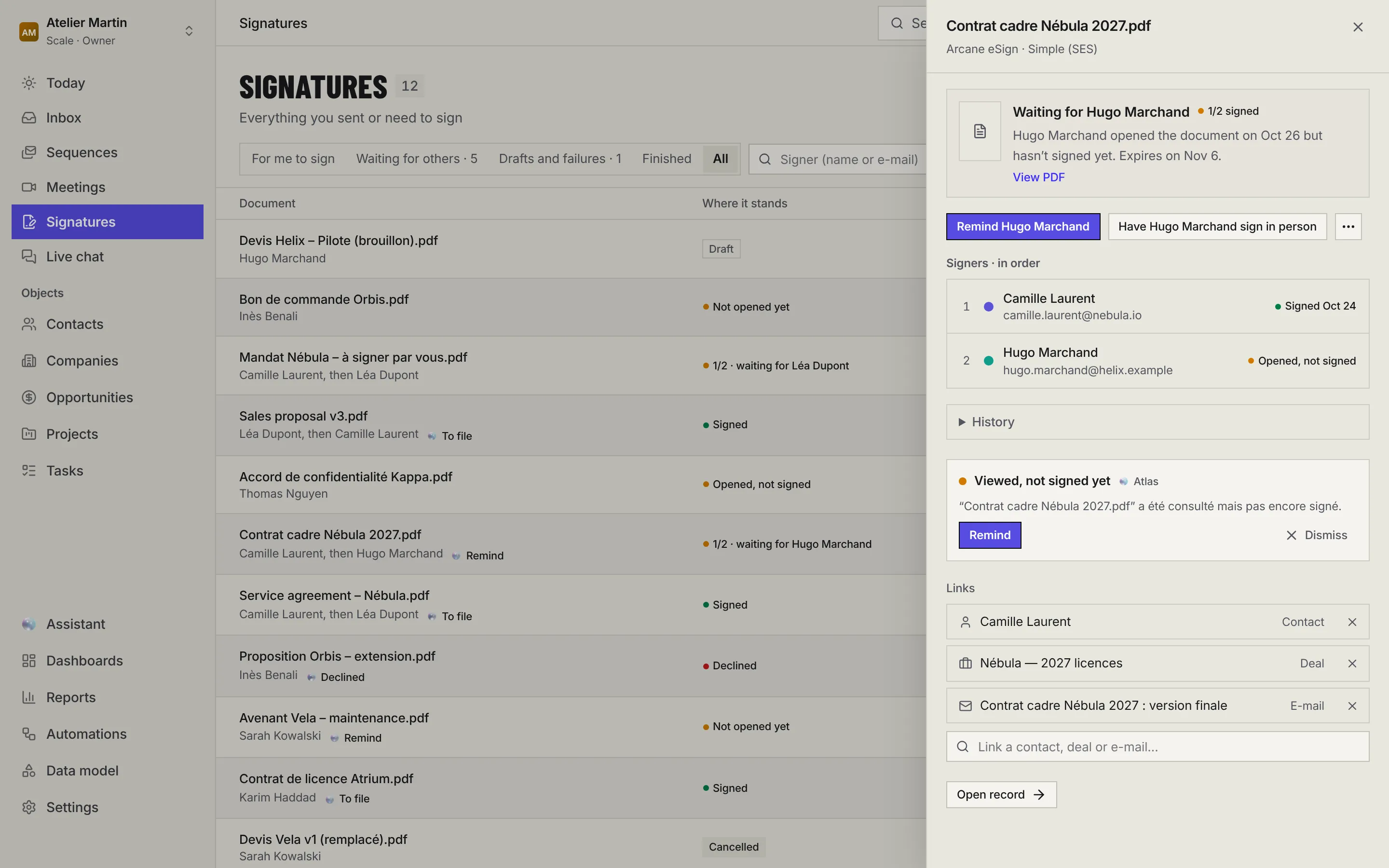 The details of Contrat cadre Nébula 2027: waiting for Hugo Marchand, the Remind and Sign in person buttons, the two signers in order, the history, Atlas' suggestion and the links to the contact, the deal and the email.