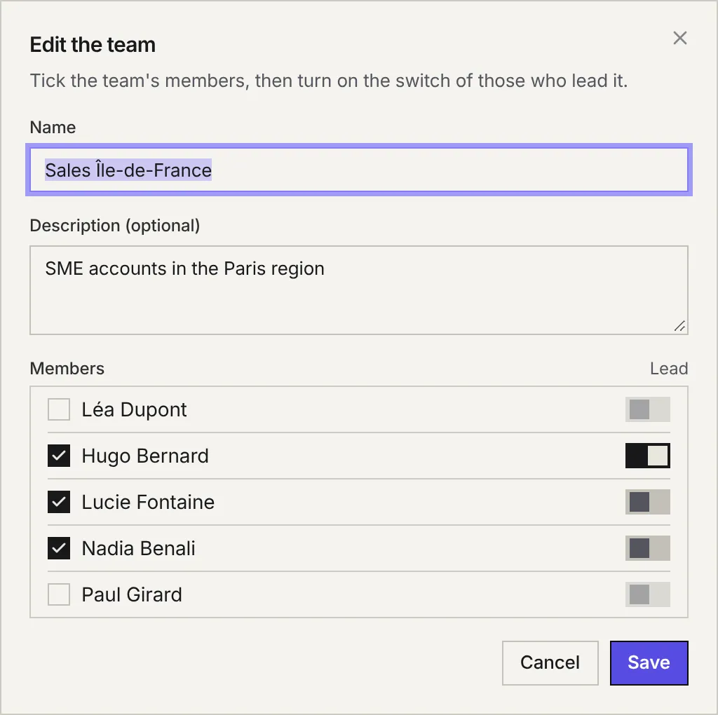 The Edit the team window: name, description, the list of members to tick and each one's Lead switch.
