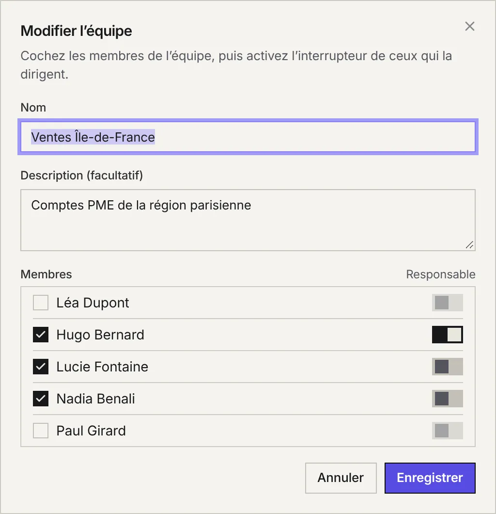 La fenêtre Modifier l'équipe : le nom, la description, la liste des membres à cocher et l'interrupteur Responsable de chacun.