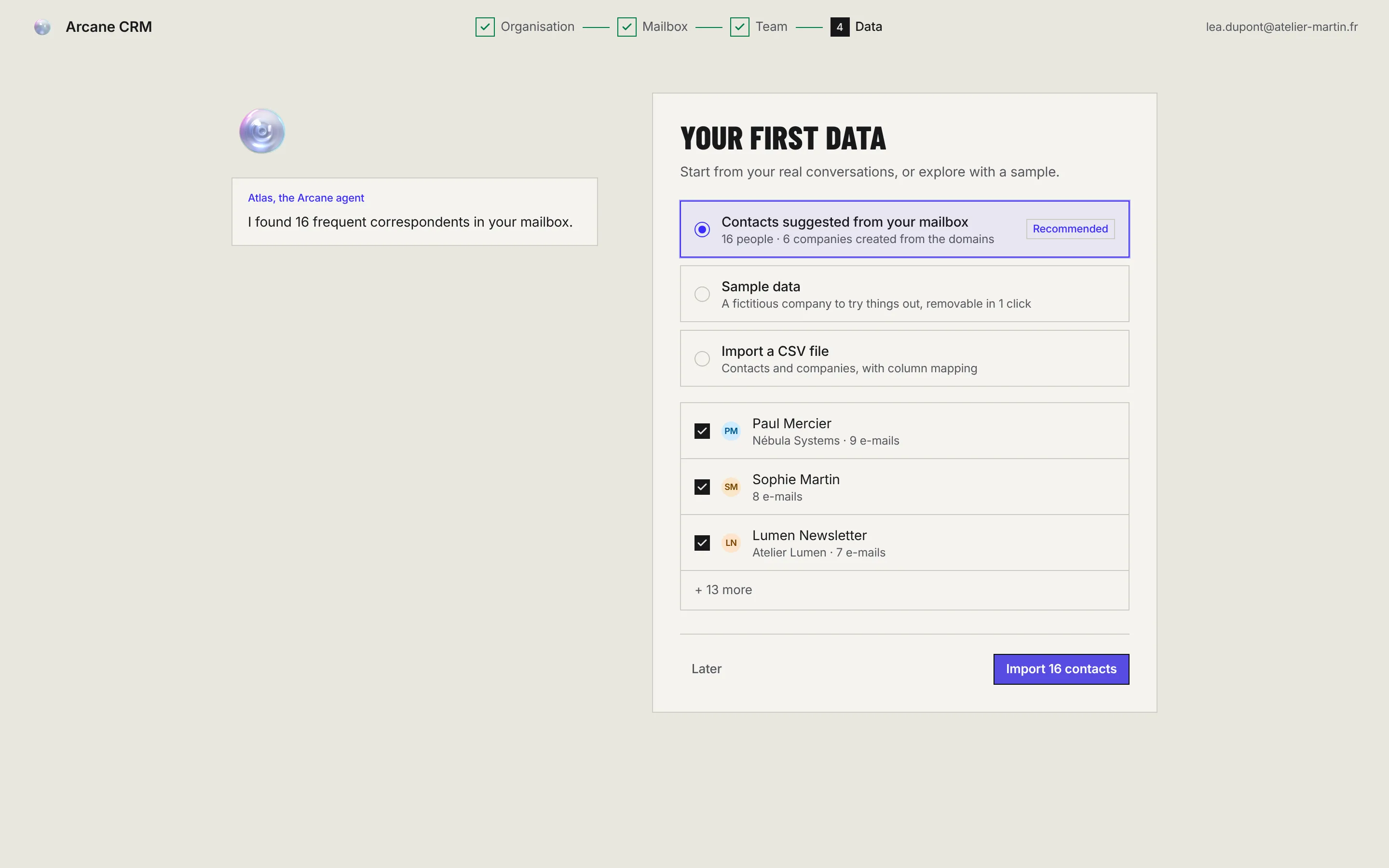 The Your first data step with three choices: contacts suggested from the mailbox, sample data, CSV import, and the list of correspondents found.