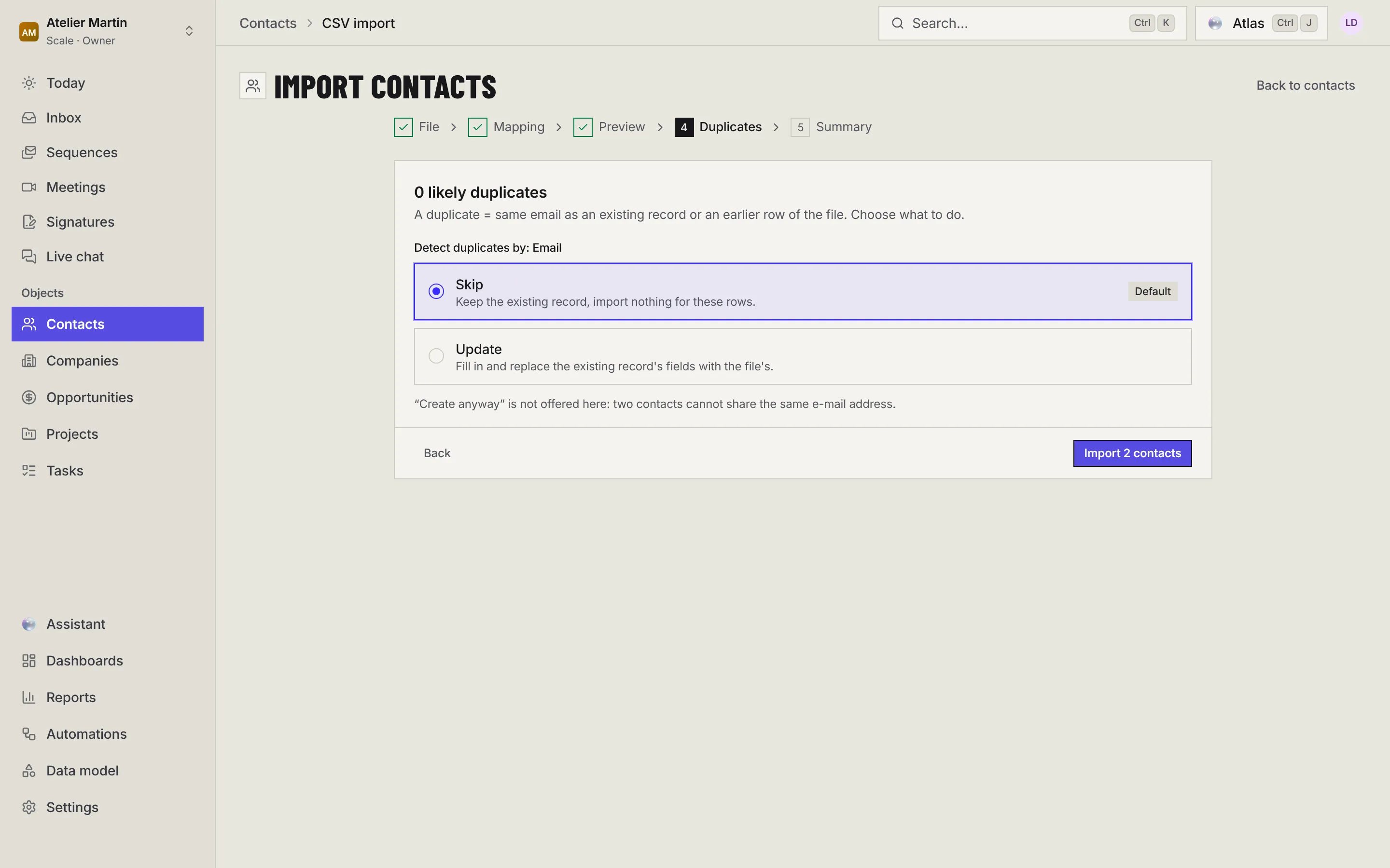 The Duplicates step: detection by e-mail, Skip (default) or Update, and the Import button.