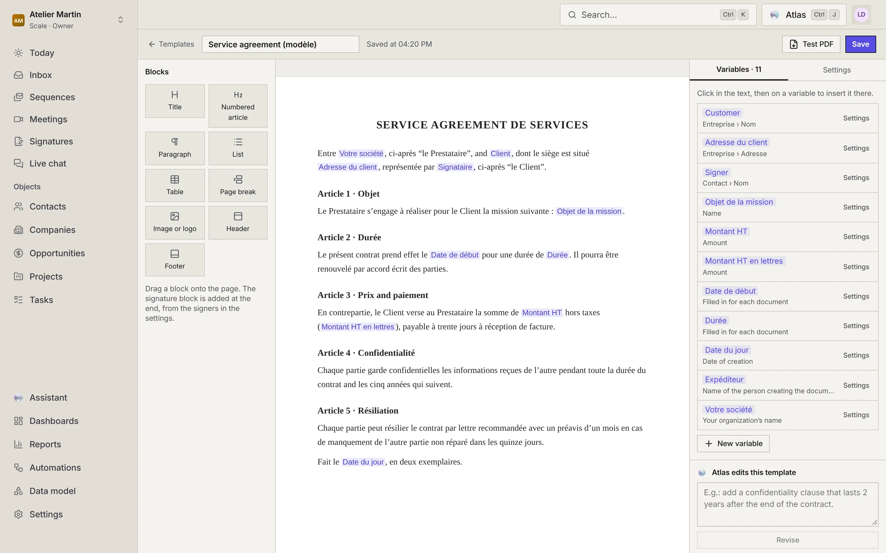 The editor of the service agreement: blocks on the left, the contract with its highlighted variables in the middle, the Variables and Settings tabs on the right and the Atlas edits this template panel.