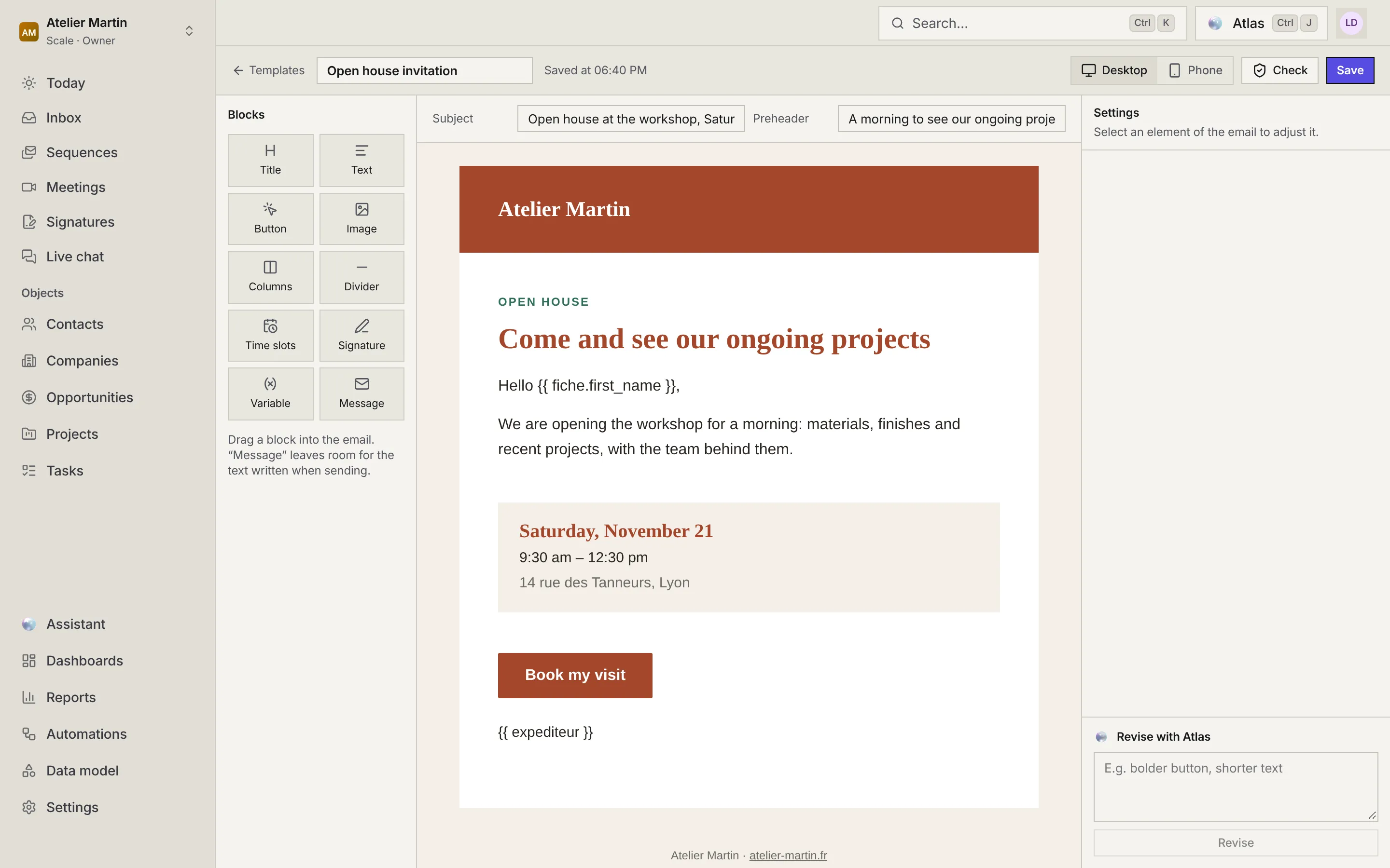 The editor of the Open house invitation template: the blocks on the left, the subject and preheader, the email in the middle, the Desktop, Phone, Check and Save buttons, and the Revise with Atlas panel on the right.