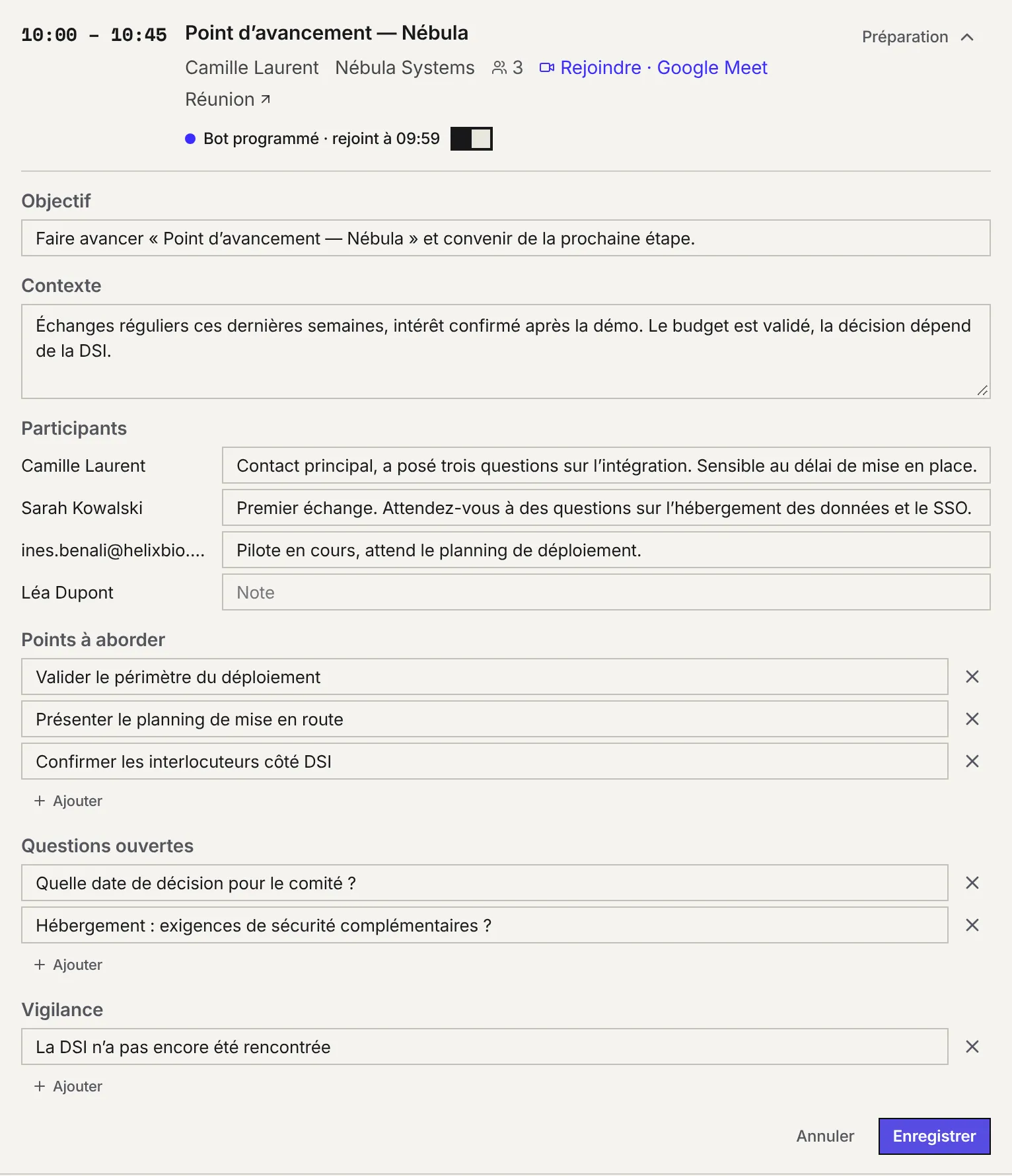 La préparation en mode édition : champs Objectif et Contexte, une note par participant, listes de points avec Ajouter et la croix, boutons Annuler et Enregistrer.