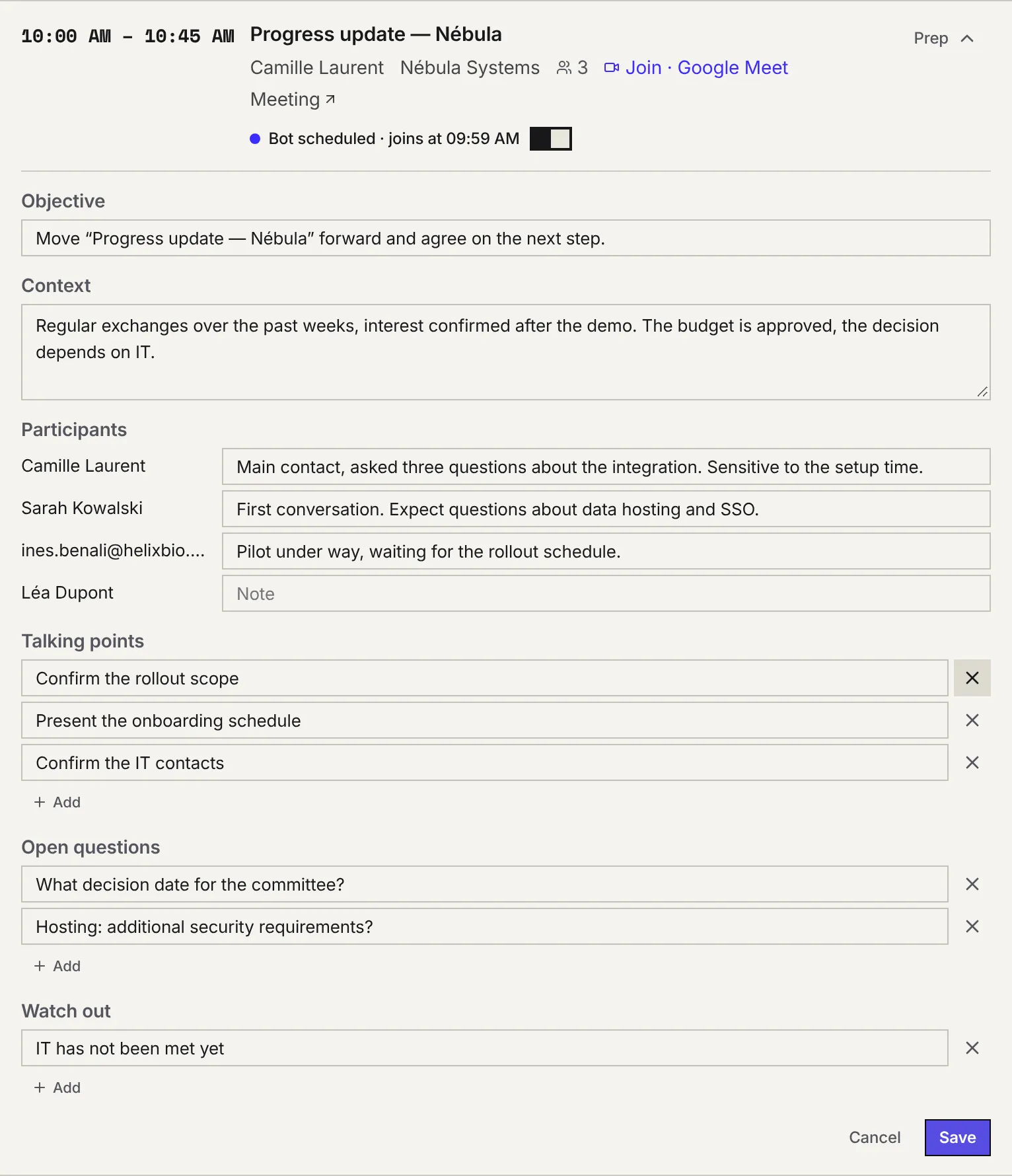 The prep in edit mode: Objective and Context fields, a note per participant, lists of points with Add and the cross, Cancel and Save buttons.