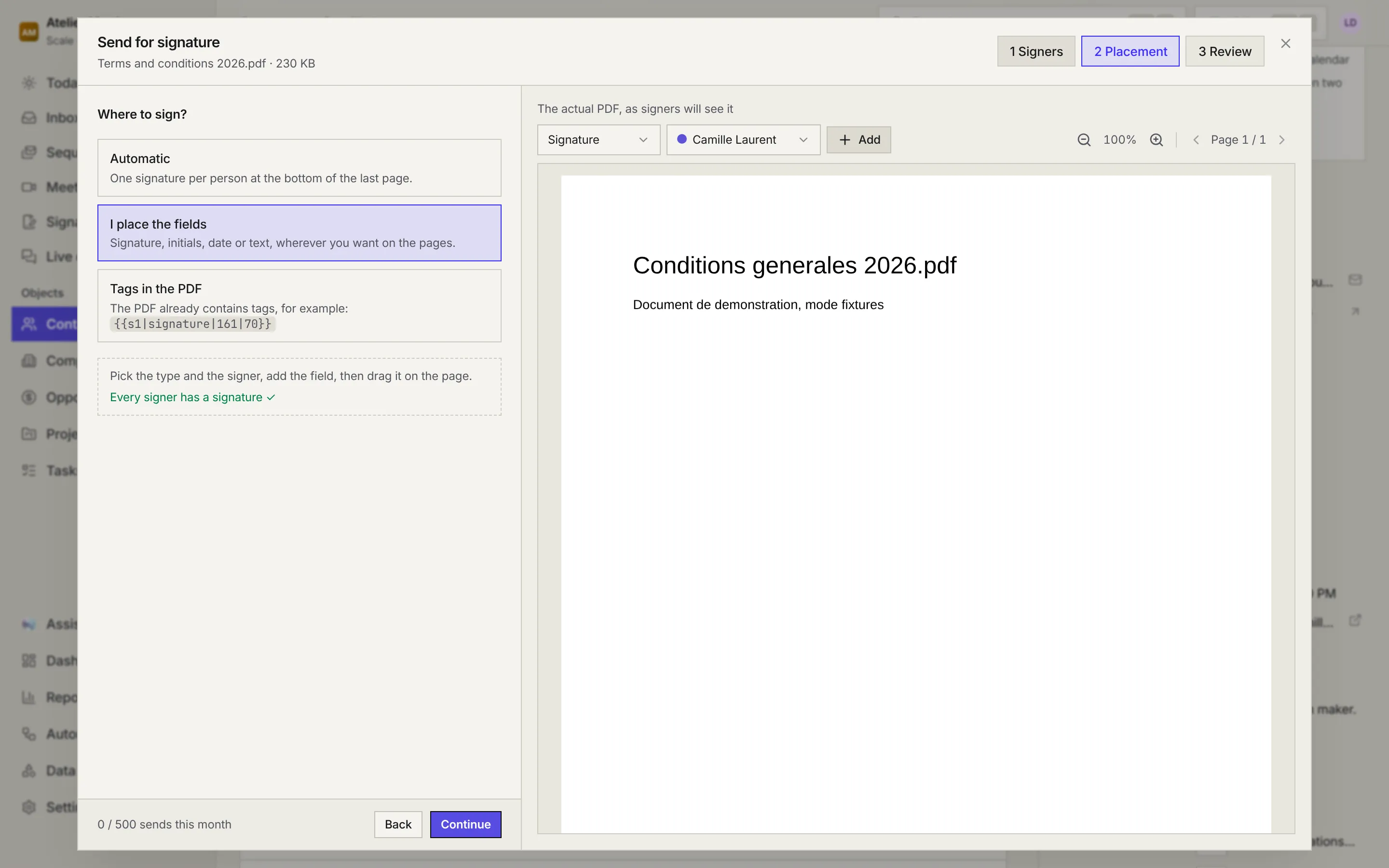 The Placement step: Automatic, I place the fields (selected) and Tags in the PDF, with the Signature, Camille Laurent and Add bar above the preview.