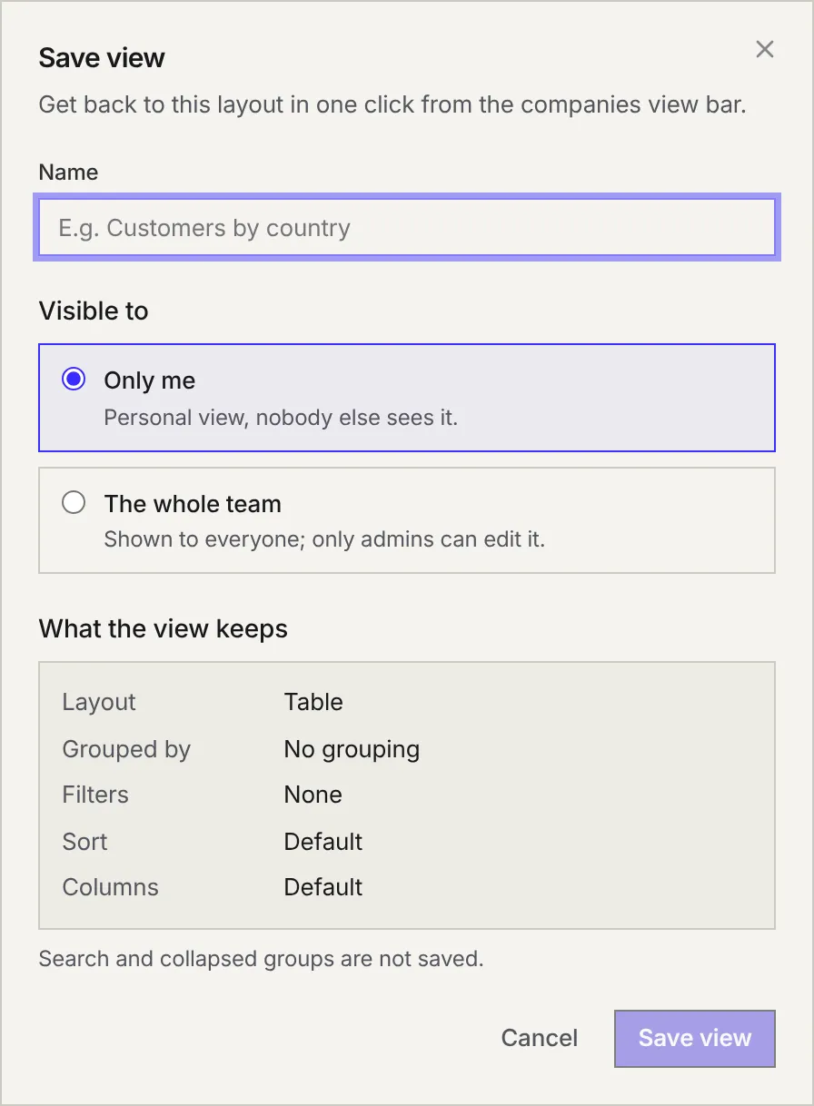 The Save view window: the name, Visible to Only me or The whole team, and the summary of what the view keeps (layout, grouping, filters, sort, columns).