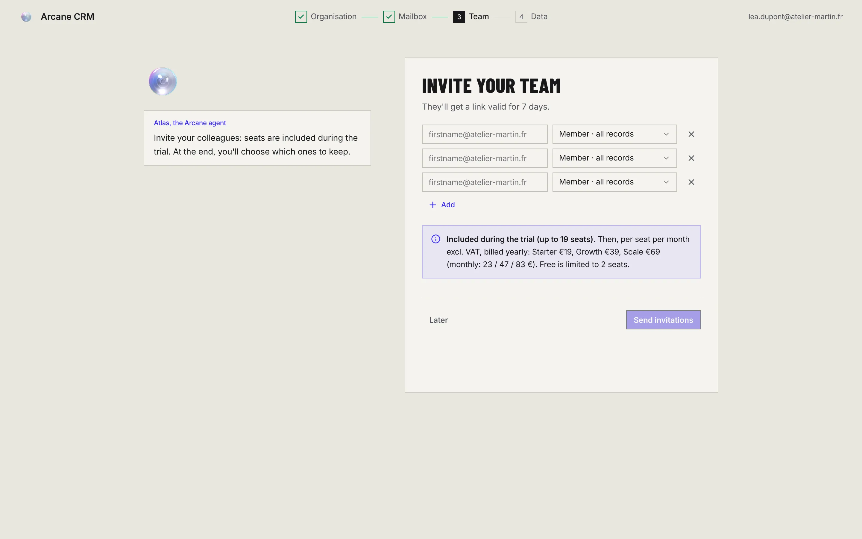 The Invite your team step: three e-mail and role rows, the Add button and the note about seats included during the trial.