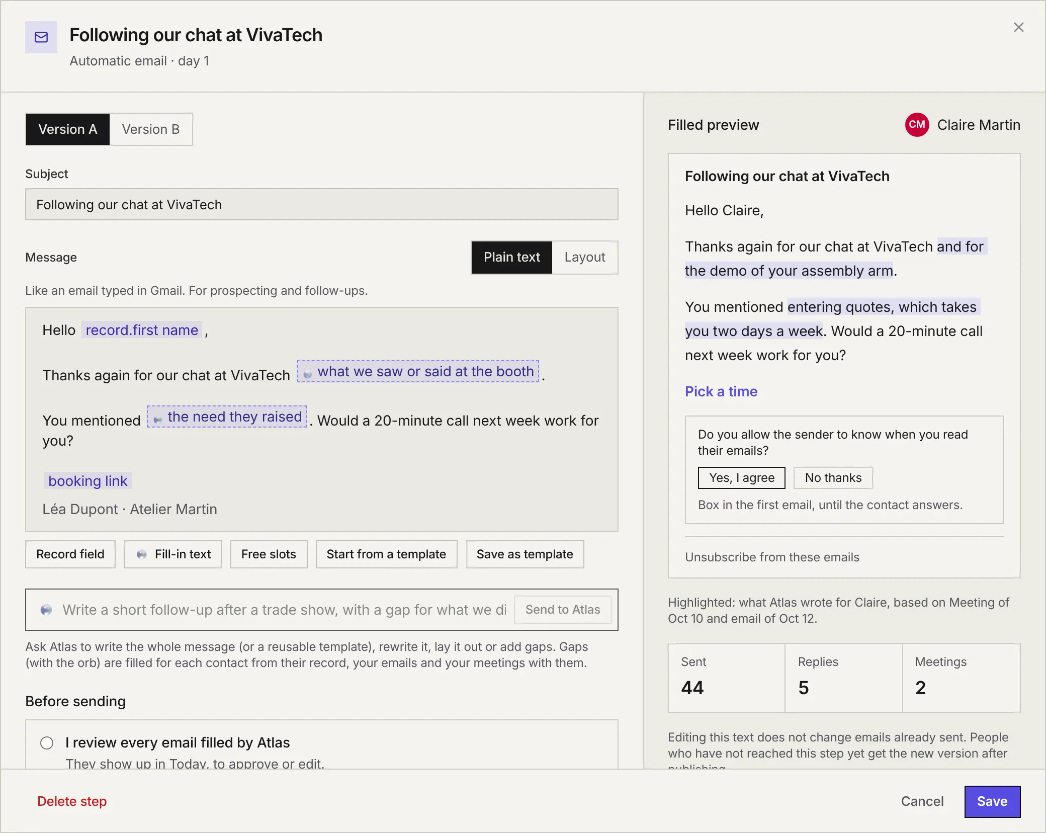 The Following our chat at VivaTech step: versions A and B, the subject, the message with a record field, two fill-in texts and the booking link, the insert buttons, the instruction for Atlas, and on the right the preview filled for Claire Martin.