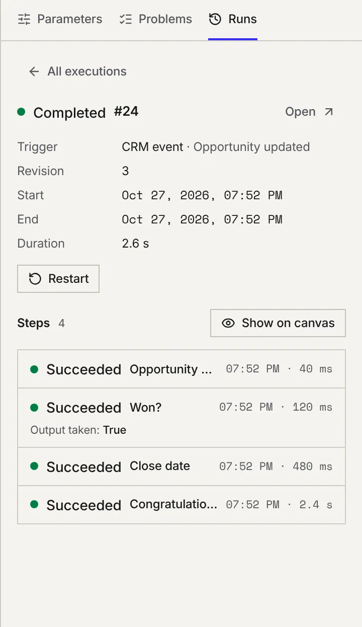 The editor's Runs tab: run #24 completed, its trigger, its revision, its dates and its duration, the Restart button, then its four successful steps with the output taken by the condition.