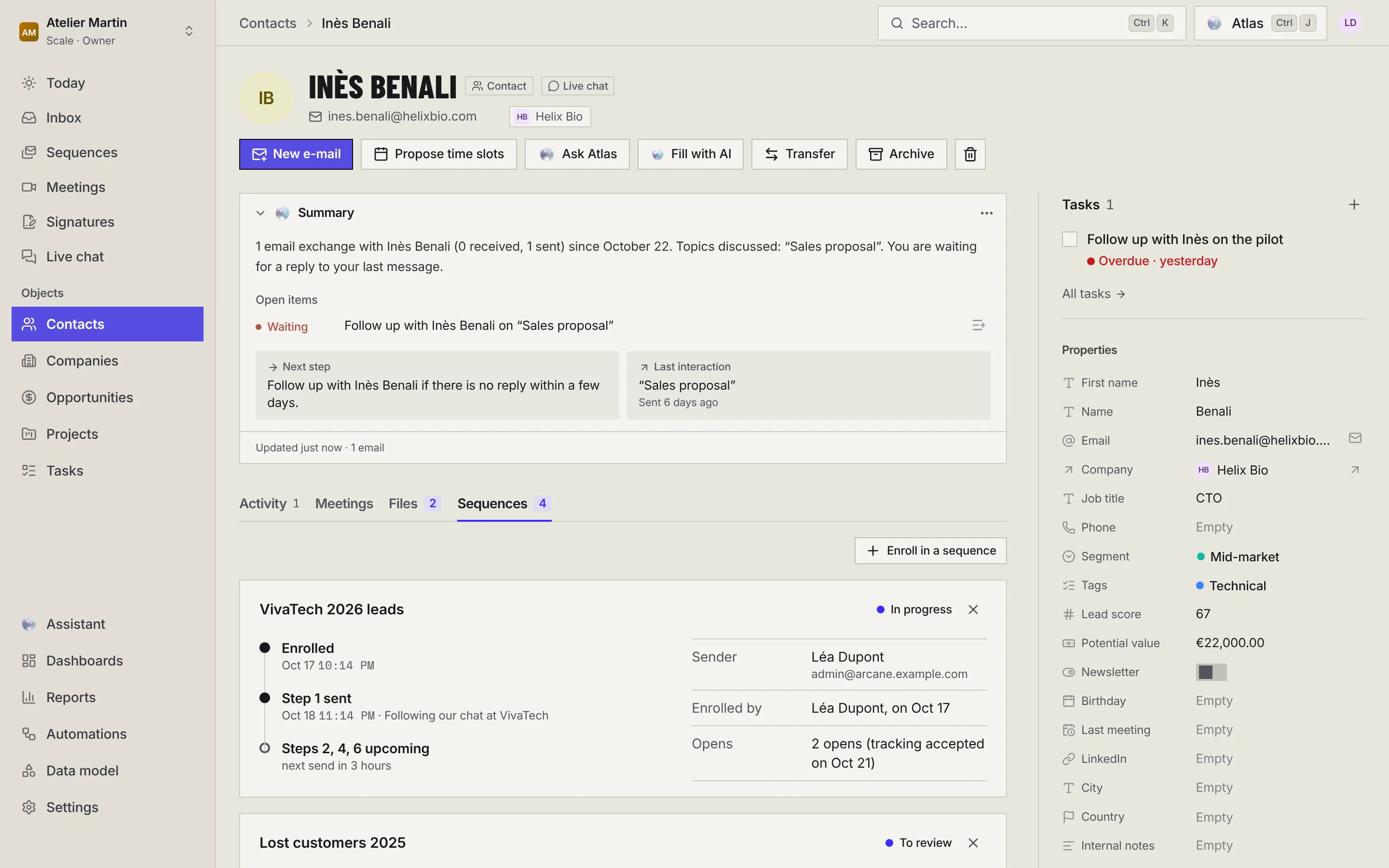 The Sequences tab of Inès Benali's record: the Enroll in a sequence button, then the VivaTech 2026 leads sequence with the steps sent and upcoming, the sender, who enrolled her and her opens.
