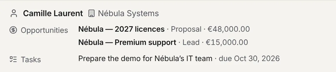 The sender's record in the Inbox: name, company, two open opportunities with their stage and amount, and a task with its due date.