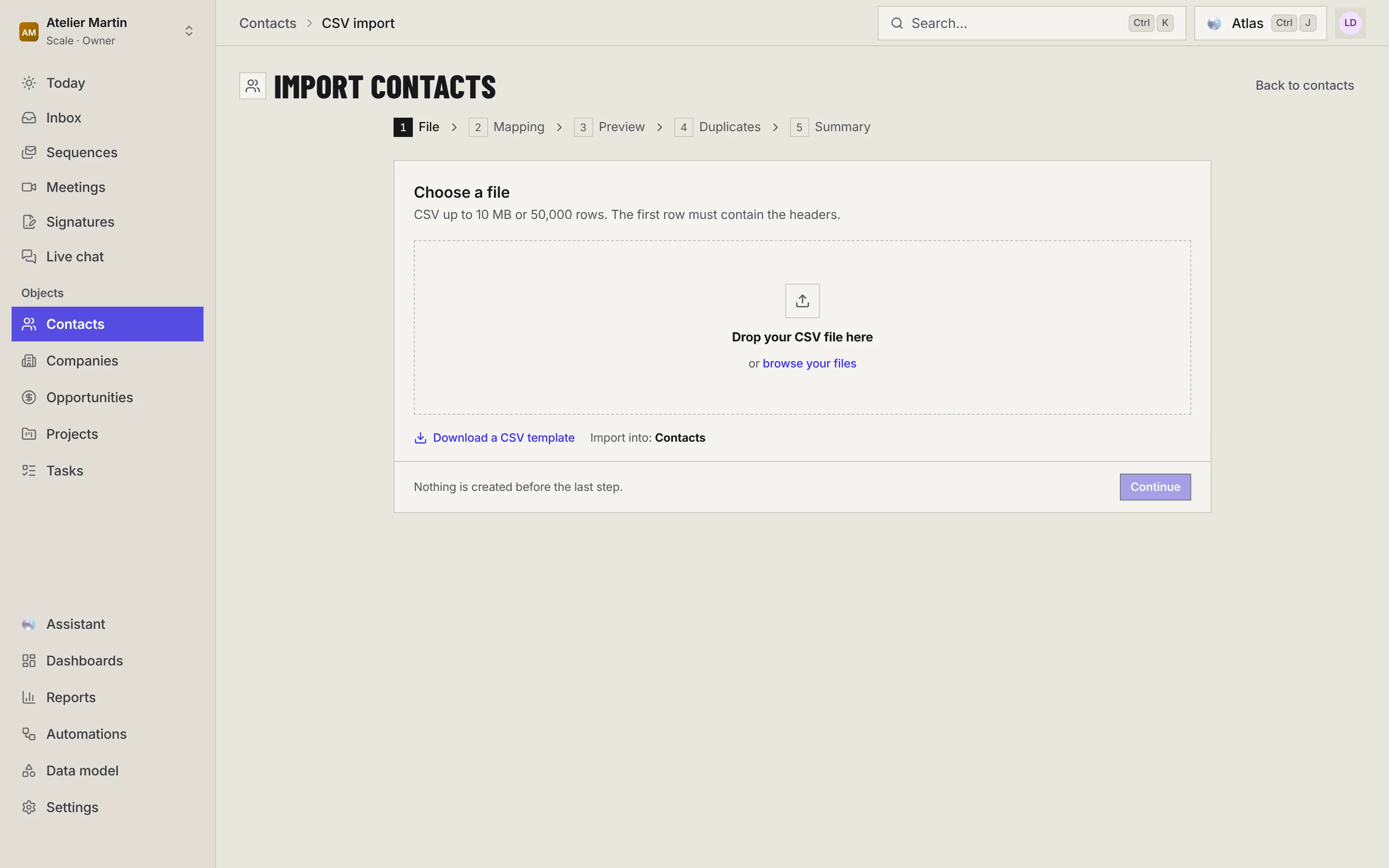 The File step: CSV drop zone, size limits and the Download a CSV template link.