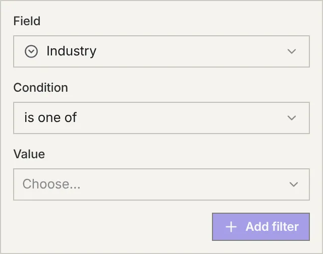 The filter form: Field Industry, Condition is one of, a Value to choose, and Add filter.